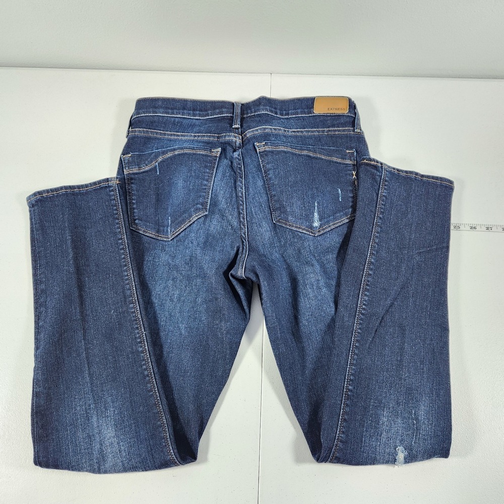 Express Super Skinny Mid Rise Distressed Jeans Dark Wash 10R Stretch Denim - Picture 2 of 10
